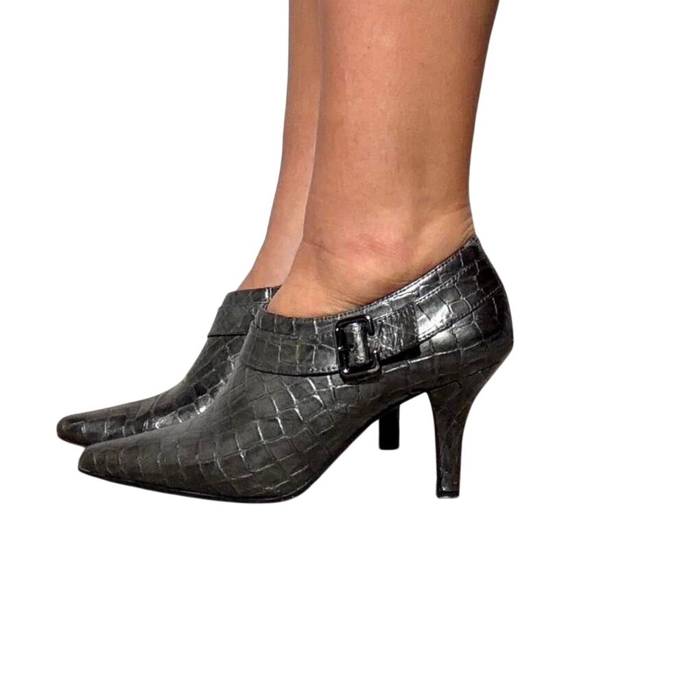 Vintage Y2K Anne Klein Metallic Silver Croc Leather Buckle Clog Mules Size 5.5M